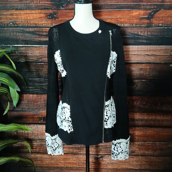 INC International Concepts Sweater L Black Sheer Lace Asymmetrical Zip - Picture 3 of 9